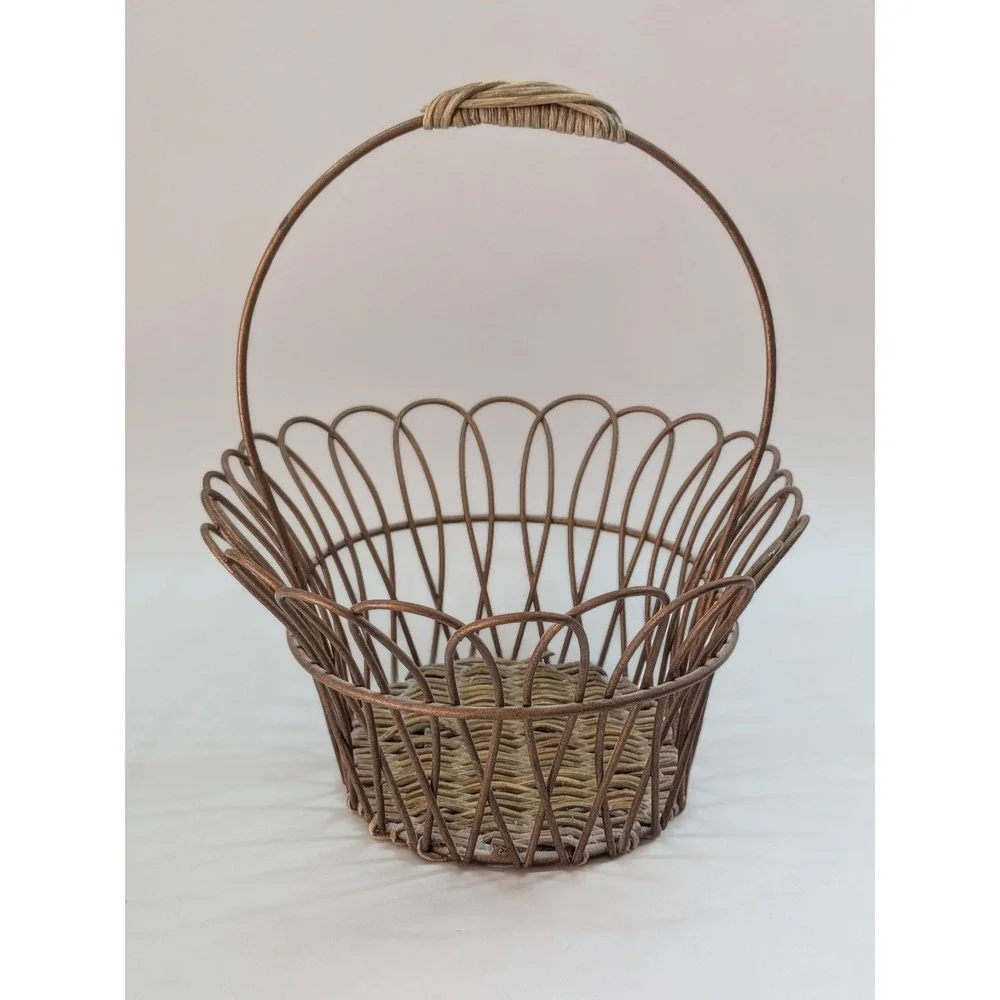 Vintage Bronze Wire Scalloped Petal Basket Woven Wicker Base Farmhouse Decor